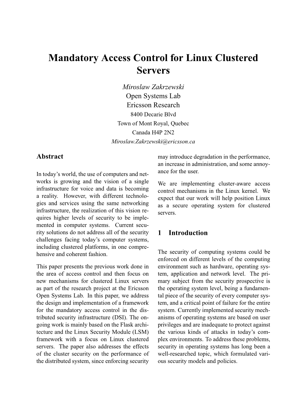 Mandatory Access Control for Linux Clustered Servers