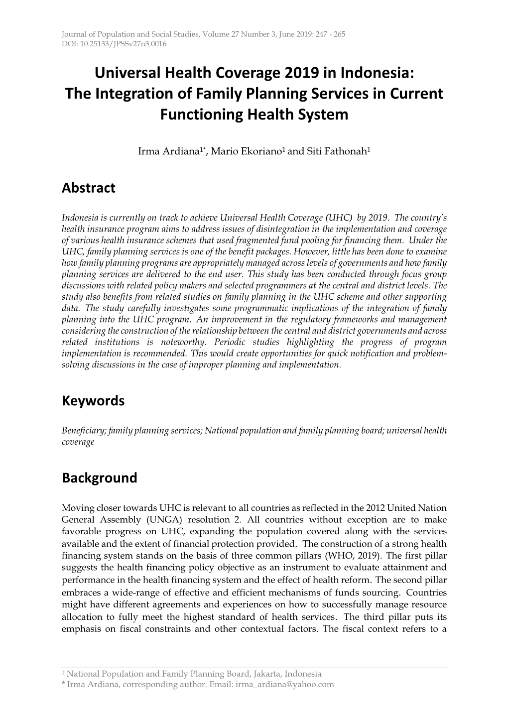 Universal Health Coverage 2019 in Indonesia: the Integration of Family Planning Services in Current Functioning Health System