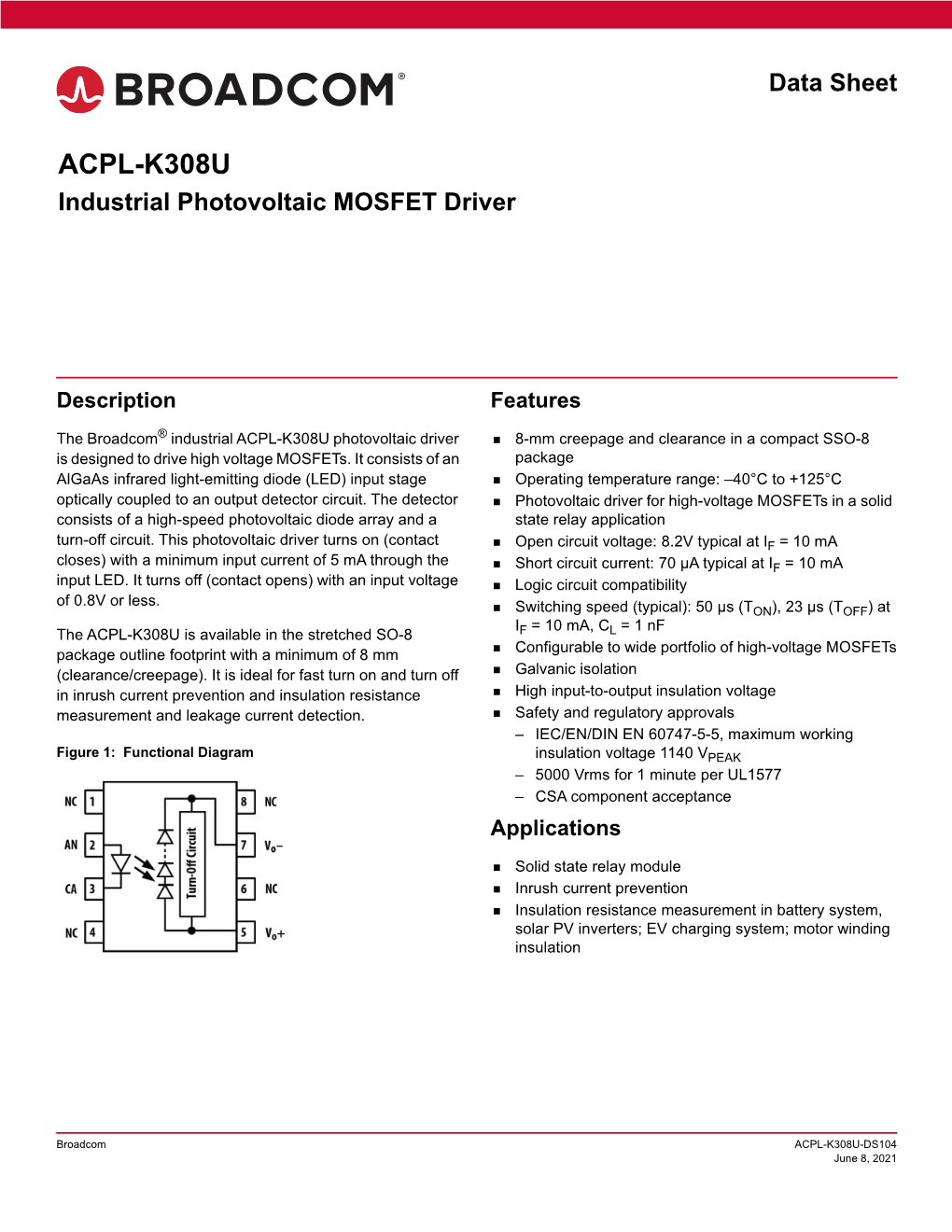 ACPL-K308U Industrial Photovoltaic MOSFET Driver