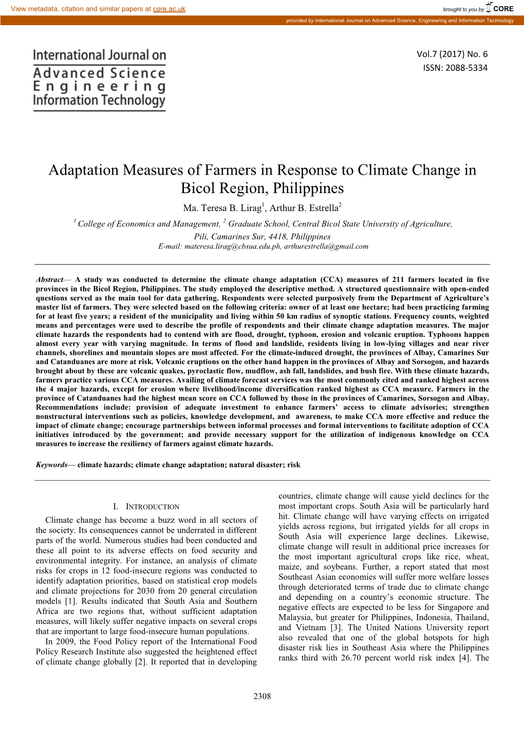 Adaptation Measures of Farmers in Response to Climate Change in Bicol Region, Philippines Ma