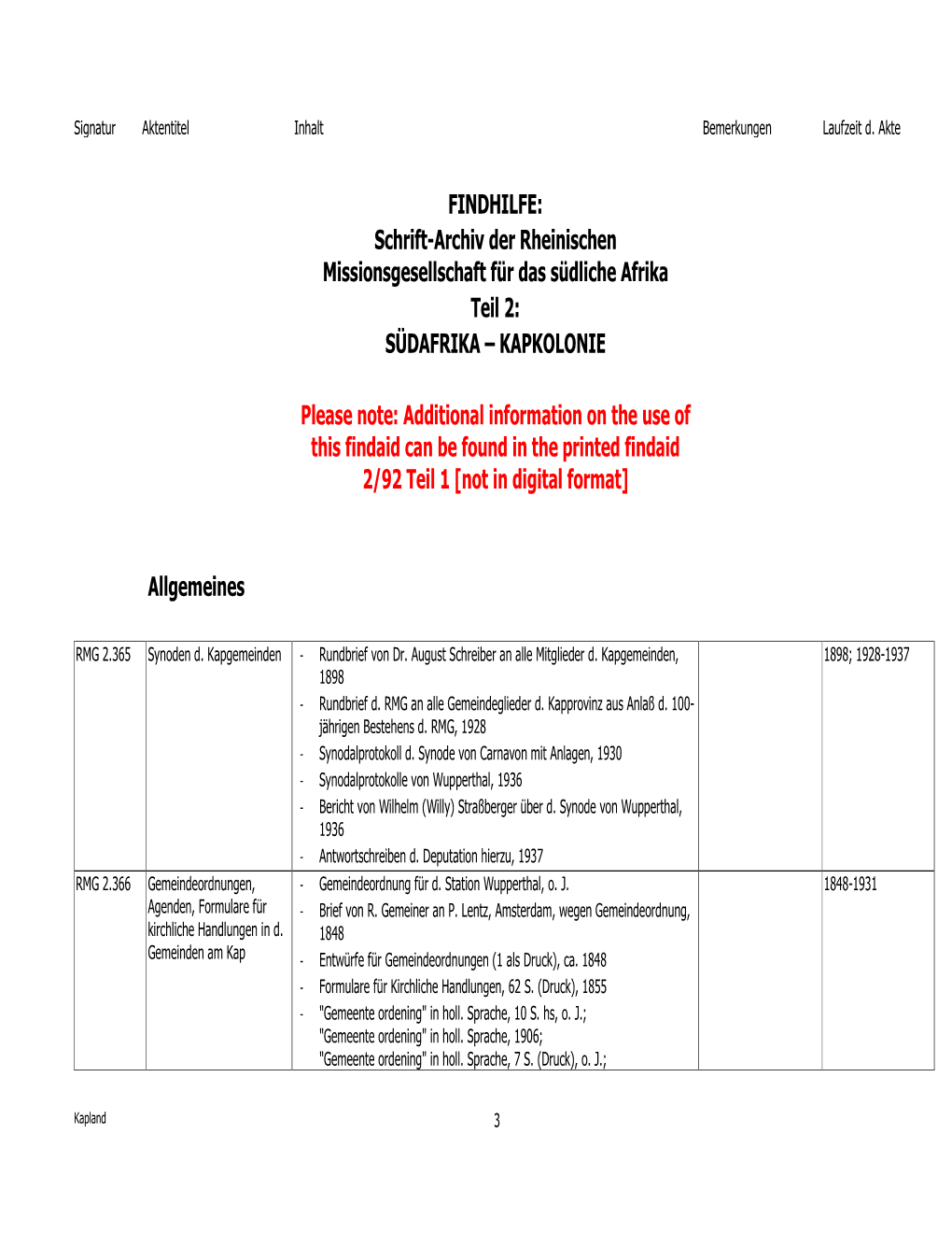 Schrift-Archiv Der Rheinischen Missionsgesellschaft Für Das Südliche Afrika Teil 2: SÜDAFRIKA – KAPKOLONIE
