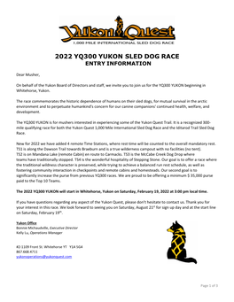 2022 Yq300 Yukon Sled Dog Race Entry Information
