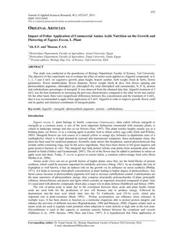 ORIGINAL ARTICLES Impact of Foliar Application of Commercial Amino Acids Nutrition on the Growth and Flowering of Tagetes Erecta