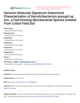 Genomic Molecular Signatures Determined Characterization of Mycolicibacterium Gossypii Sp