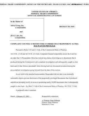 Complaint Counsel's Motion for an Order That Respondent Altria Has Waived Privilege
