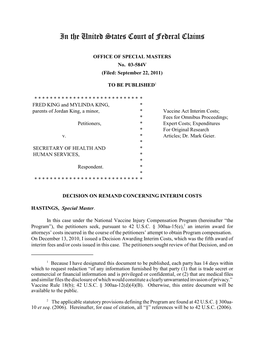 03-584V • FRED KING and MYLINDA KING, Parents of Jordan King, a Minor V. SECRETARY OF