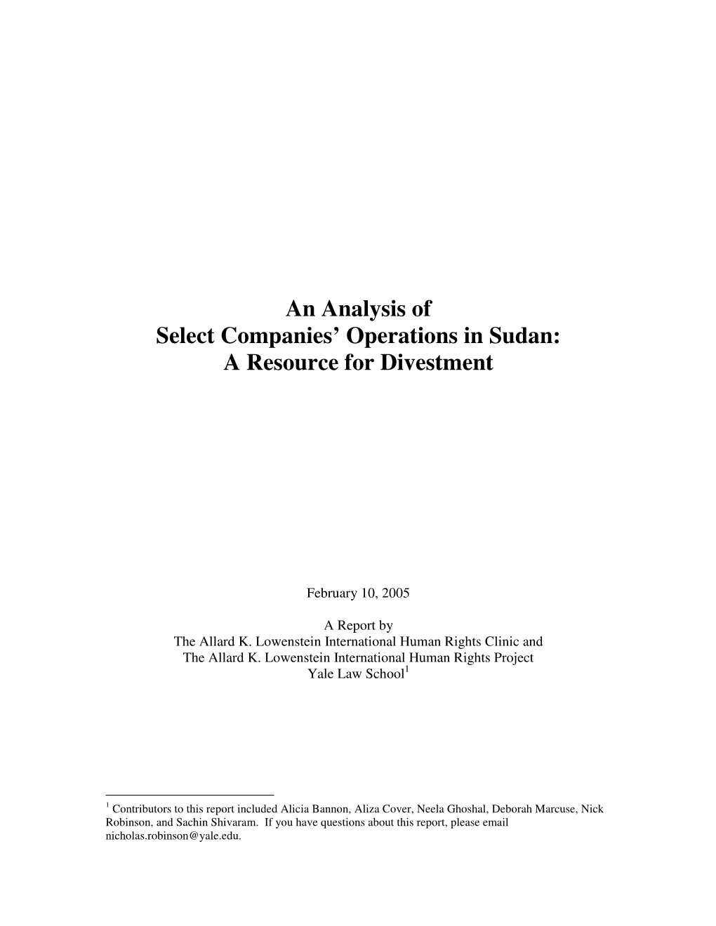 An Analysis of Select Companies' Operations in Sudan: a Resource