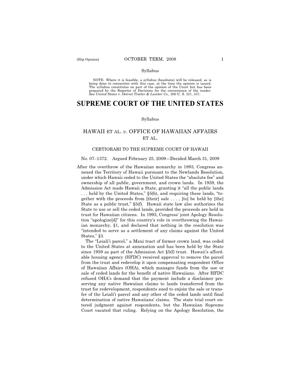 07-1372 Hawaii V. Office of Hawaiian Affairs (03/31/2009)