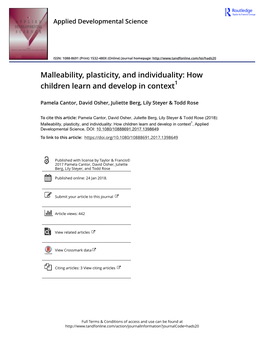 Malleability, Plasticity, and Individuality: How Children Learn and Develop in Context1