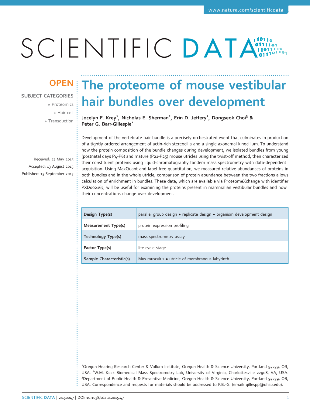 The Proteome of Mouse Vestibular Hair Bundles Over Development