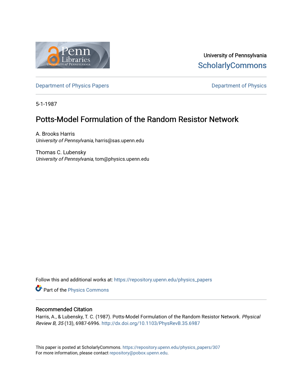 Potts-Model Formulation of the Random Resistor Network