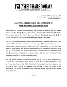 Cast Announced for San Diego Premiere of Alan Bennett’S the History Boys