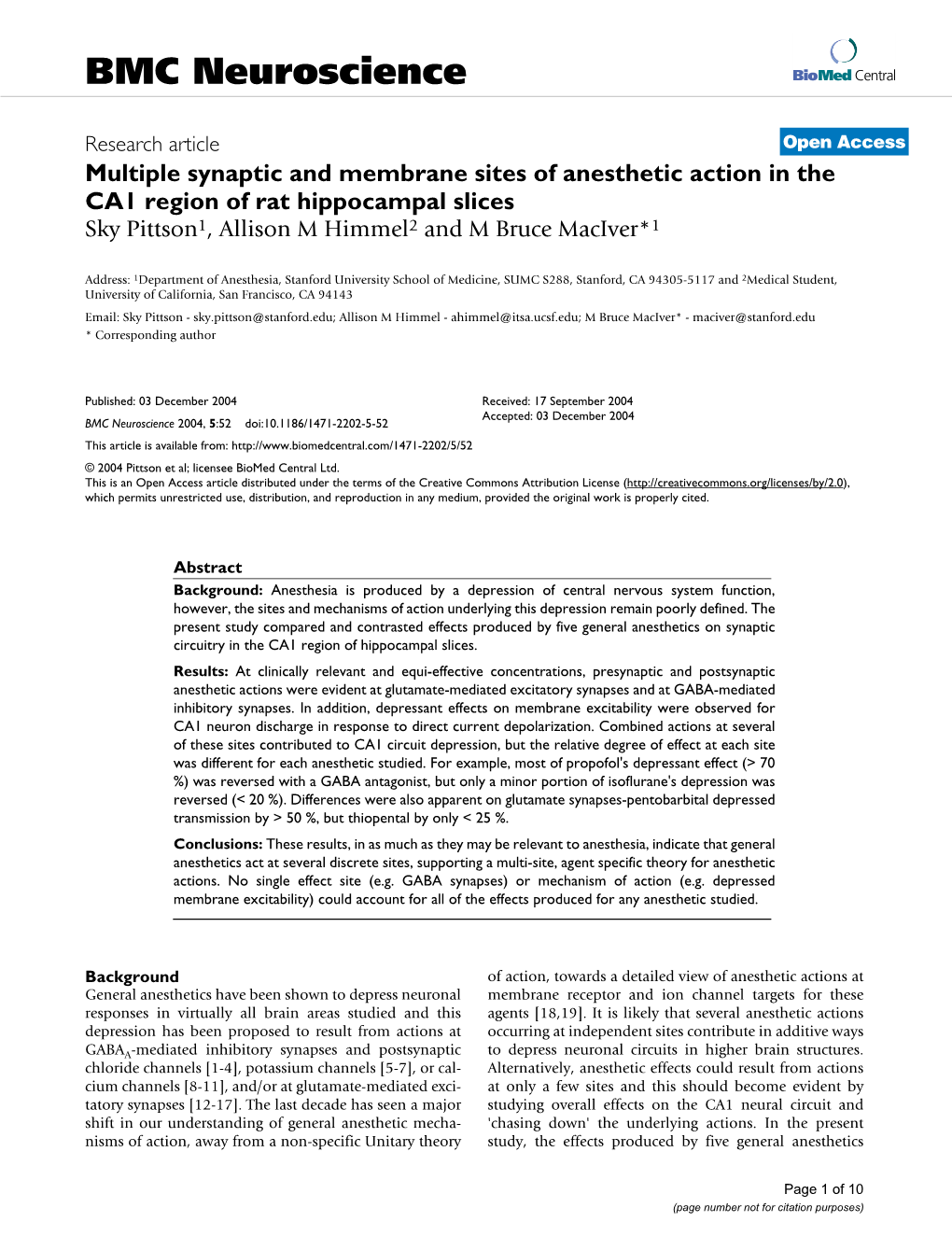 Multiple Synaptic And Membrane Sites Of Anesthetic Action In The CA1 ...