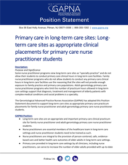 Long- Term Care Sites As Appropriate Clinical Placements for Primary Care Nurse Practitioner Students