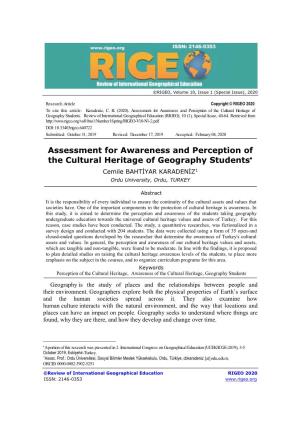 Assessment for Awareness and Perception of the Cultural Heritage of Geography Students