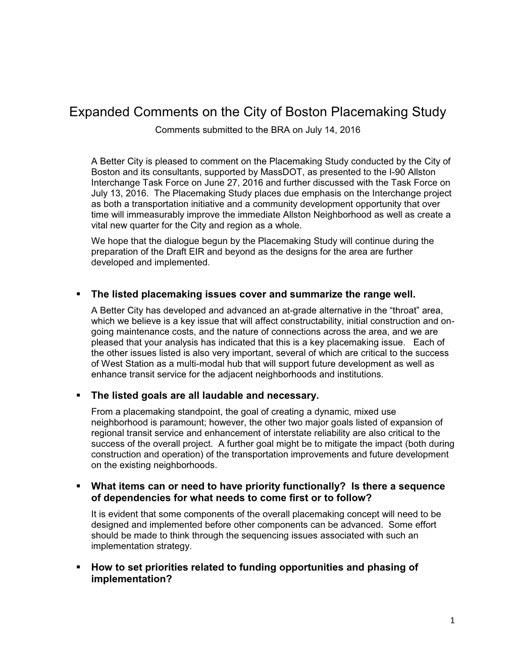 Expanded Comments on the City of Boston Placemaking Study Comments Submitted to the BRA on July 14, 2016