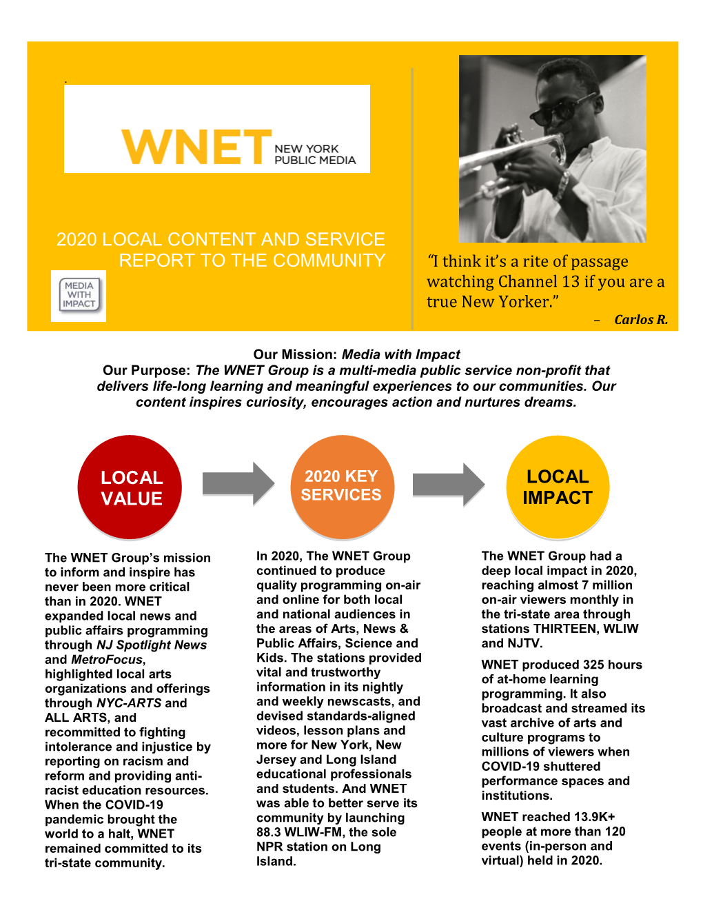 2020 LOCAL CONTENT and SERVICE REPORT to the COMMUNITY “I Think It’S a Rite of Passage Watching Channel 13 If You Are a True New Yorker.” – Carlos R