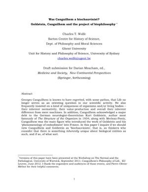 Was Canguilhem a Biochauvinist? Goldstein, Canguilhem and the Project of Biophilosophy *