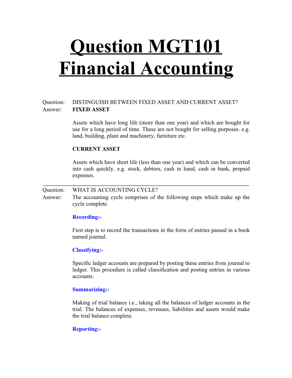 Question MGT101 Financial Accounting