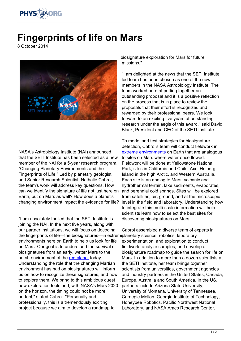 Fingerprints of Life on Mars 8 October 2014