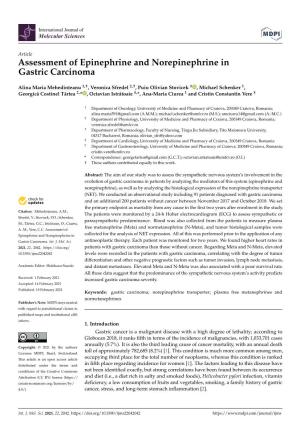 Assessment of Epinephrine and Norepinephrine in Gastric Carcinoma