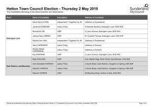 Hetton Town Council Election - Thursday 2 May 2019 the Candidates Standing at the Above Election Are Listed Below