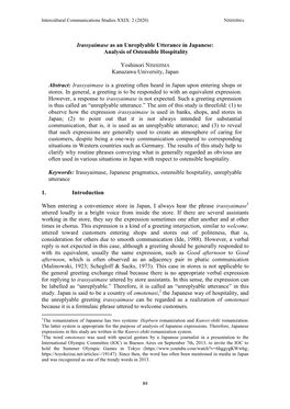 Irassyaimase As an Unreplyable Utterance in Japanese: Analysis of Ostensible Hospitality