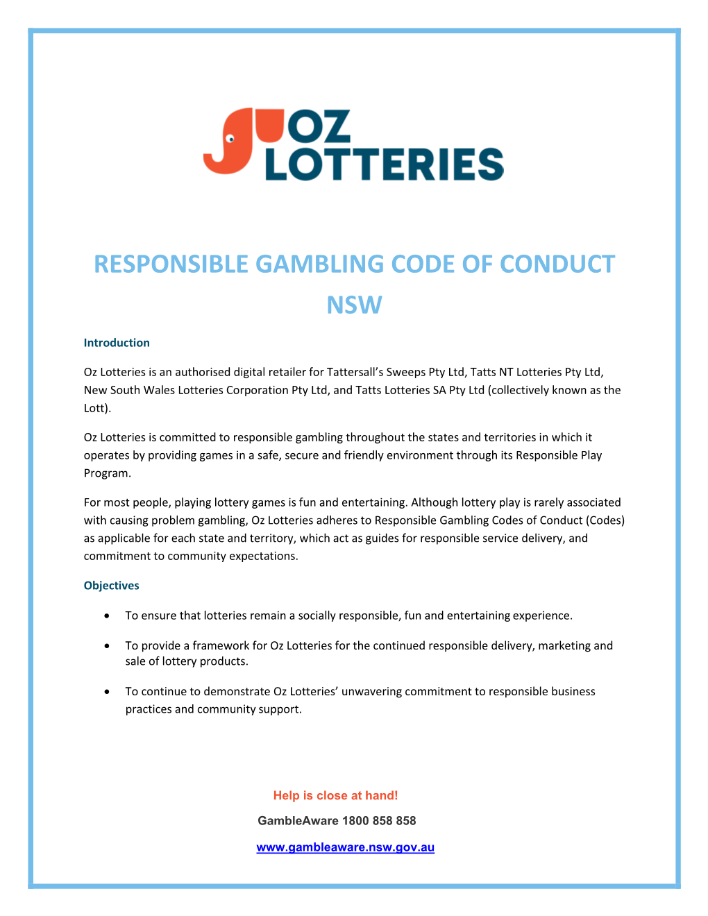 Responsible Gambling Code of Conduct Nsw