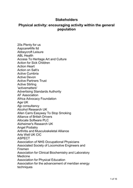 Stakeholders Physical Activity: Encouraging Activity Within the General Population