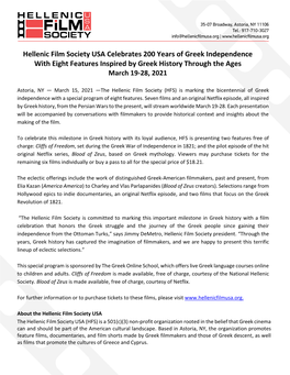 Hellenic Film Society USA Celebrates 200 Years of Greek Independence with Eight Features Inspired by Greek History Through the Ages March 19-28, 2021