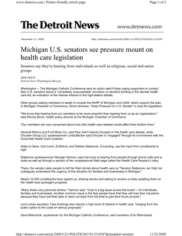Michigan U.S. Senators See Pressure Mount on Health Care Legislation