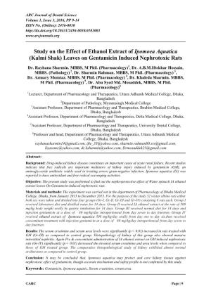 Study on the Effect of Ethanol Extract of Ipomoea Aquatica (Kalmi Shak) Leaves on Gentamicin Induced Nephrotoxic Rats