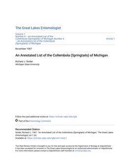 (Springtails) of Michigan Number 6 Article 1 -- an Annotated List of the Collembola (Springtails) of Michigan