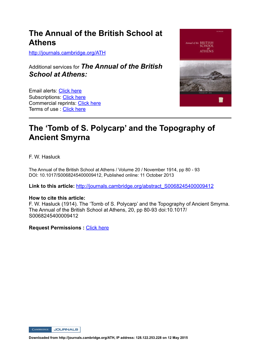 Tomb of S. Polycarp’ and the Topography of Ancient Smyrna