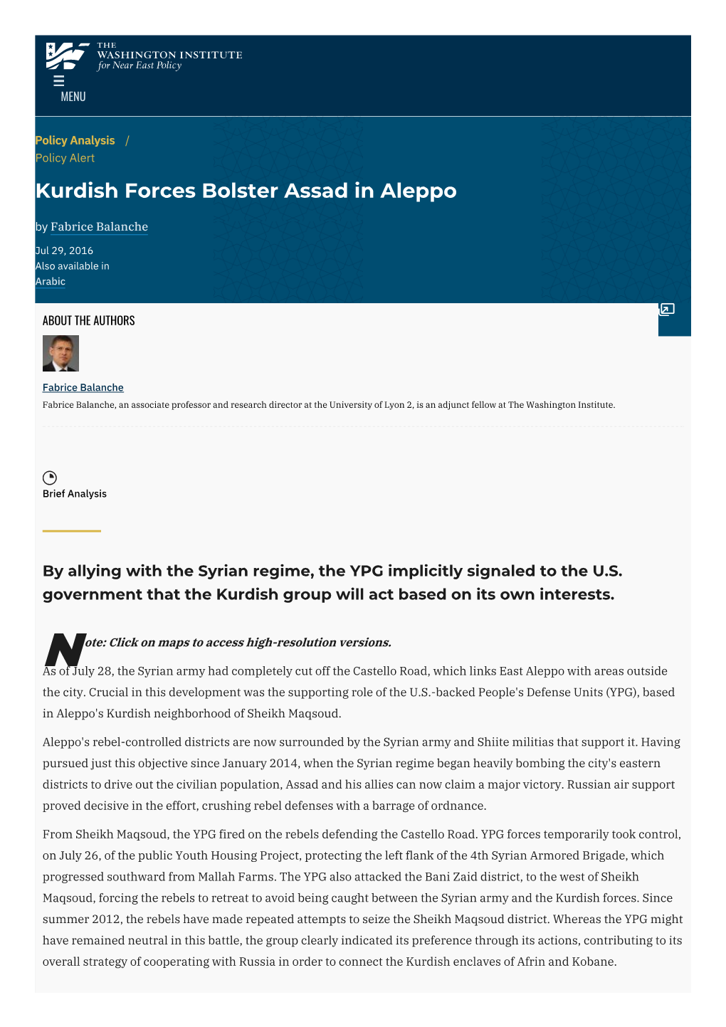 Kurdish Forces Bolster Assad in Aleppo | the Washington Institute