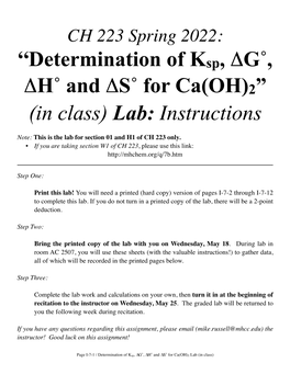 Determination of Ksp, AG˚, AH˚ and AS˚ for Ca(OH)2