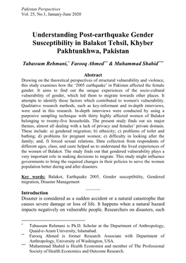 Understanding Post-Earthquake Gender Susceptibility in Balakot Tehsil, Khyber Pakhtunkhwa, Pakistan