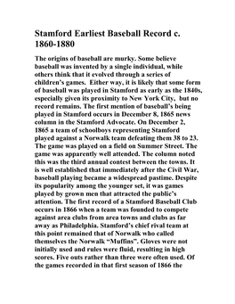Stamford Earliest Baseball Record C. 1860-1880
