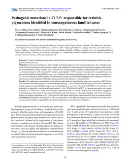 Pathogenic Mutations in TULP1 Responsible for Retinitis Pigmentosa Identified in Consanguineous Familial Cases