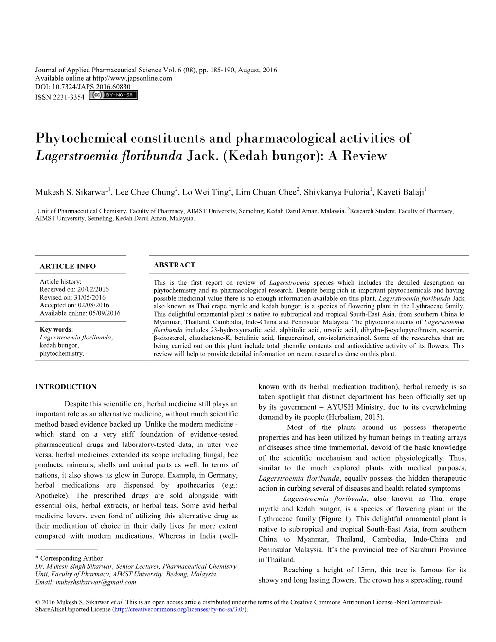 Phytochemical Constituents and Pharmacological Activities of Lagerstroemia Floribunda Jack