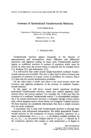 Inverses of Generalized Vandermonde Matrices Lurs VERDE-STAR