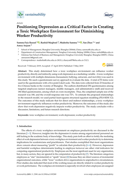 Positioning Depression As a Critical Factor in Creating a Toxic Workplace Environment for Diminishing Worker Productivity