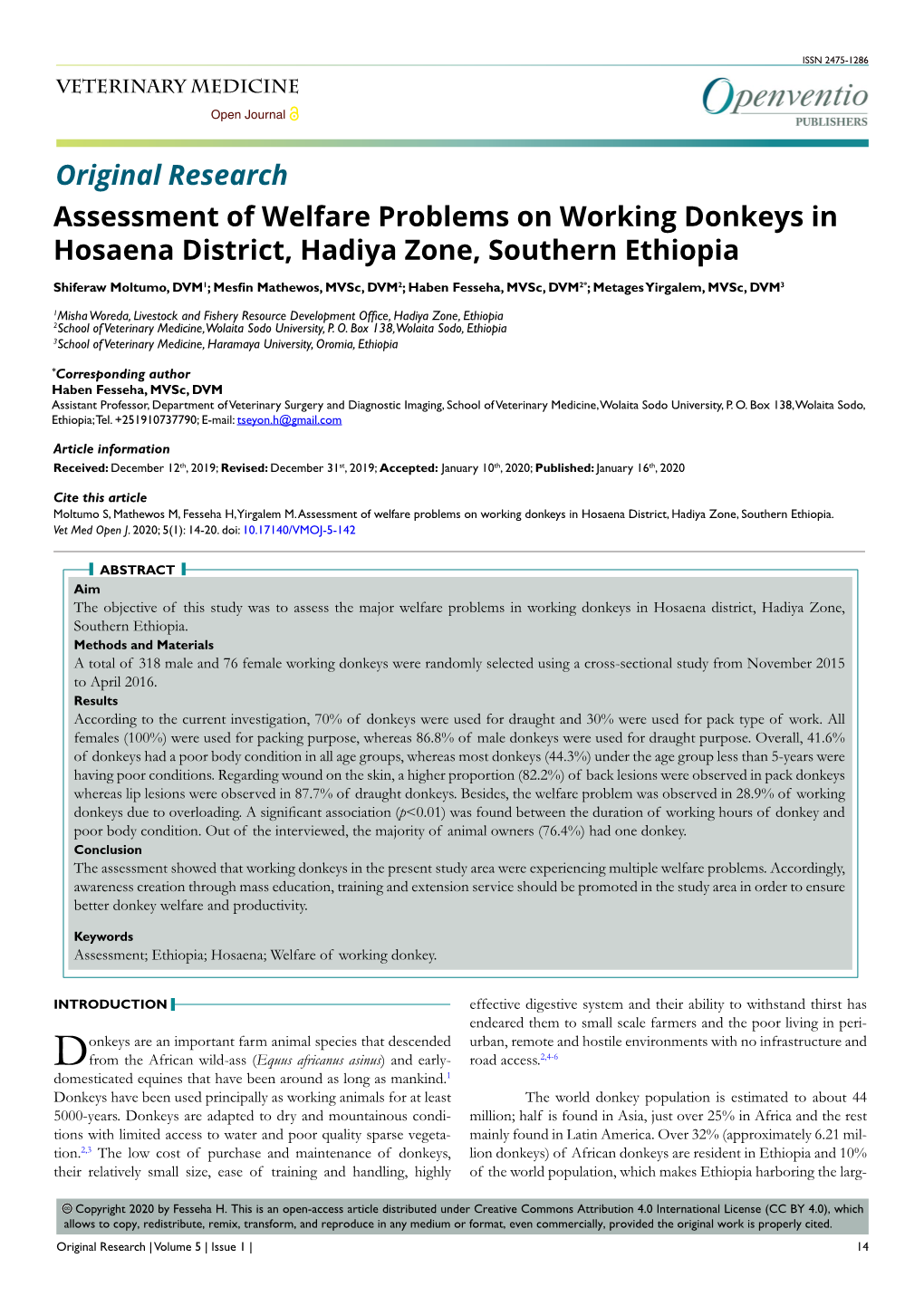 Assessment of Welfare Problems on Working Donkeys in Hosaena District, Hadiya Zone, Southern Ethiopia