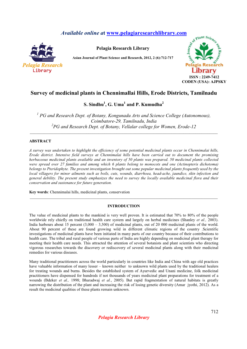Survey of Medicinal Plants in Chennimallai Hills, Erode Districts, Tamilnadu