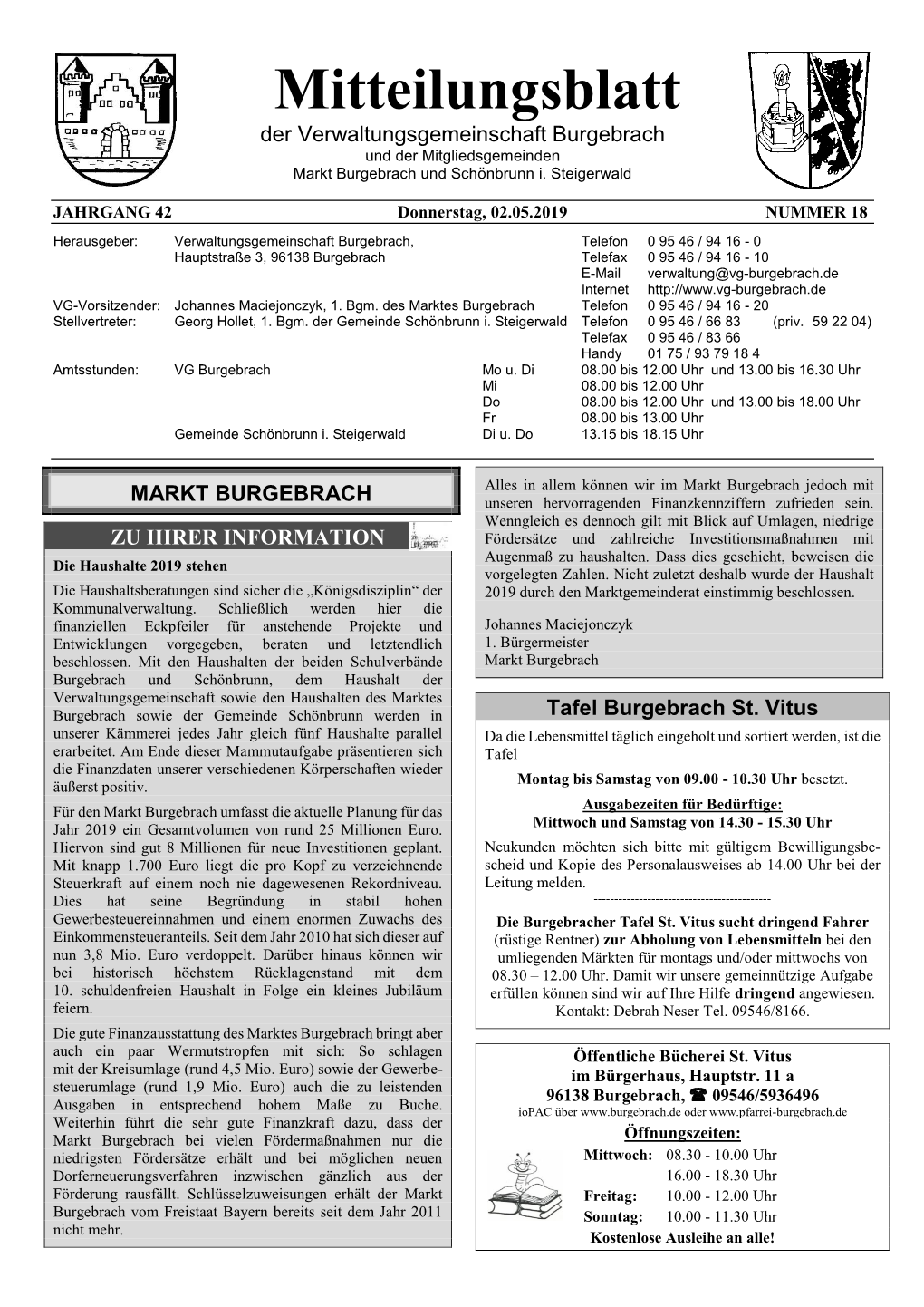 Mitteilungsblatt Der Verwaltungsgemeinschaft Burgebrach Und Der Mitgliedsgemeinden Markt Burgebrach Und Schönbrunn I