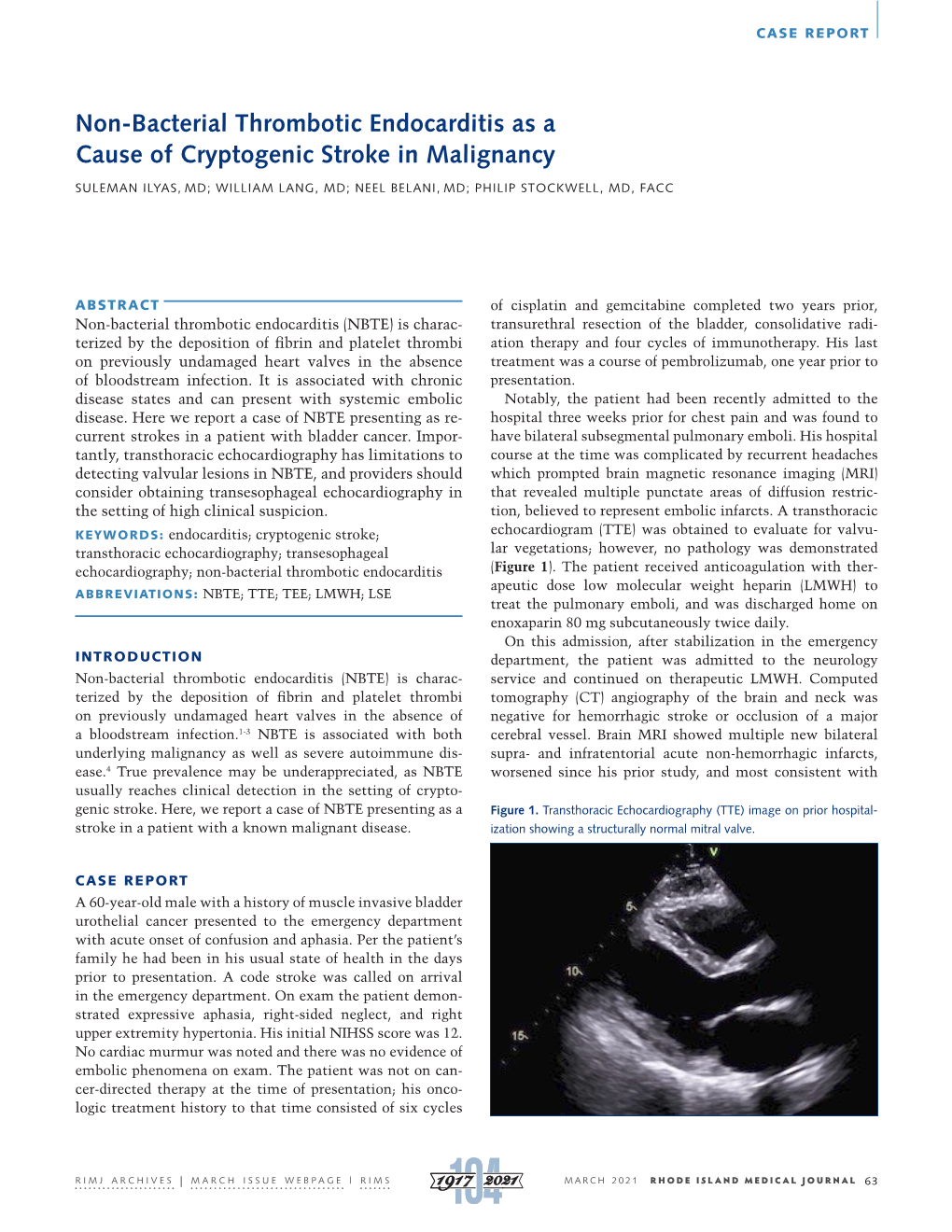 Non-Bacterial Thrombotic Endocarditis As a Cause of Cryptogenic Stroke in Malignancy