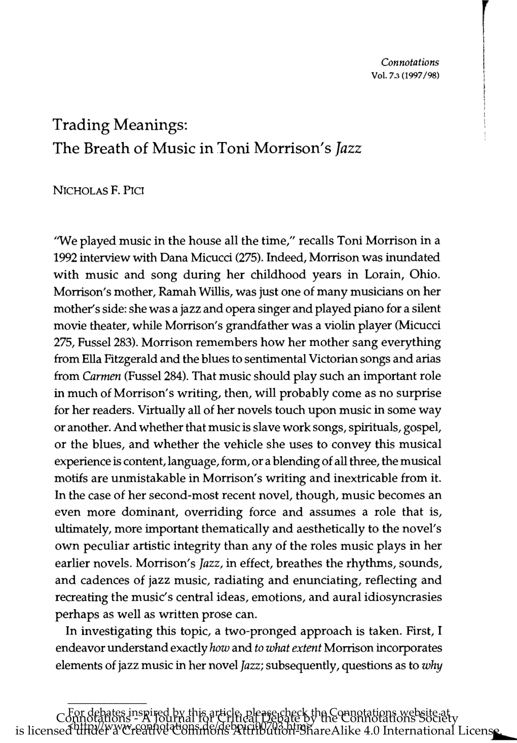 Trading Meanings: the Breath of Music in Toni Morrison's Jazz