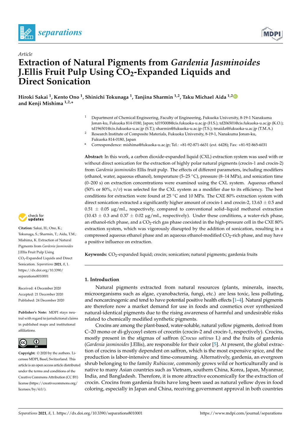Extraction of Natural Pigments from Gardenia Jasminoides J.Ellis Fruit Pulp Using CO2-Expanded Liquids and Direct Sonication
