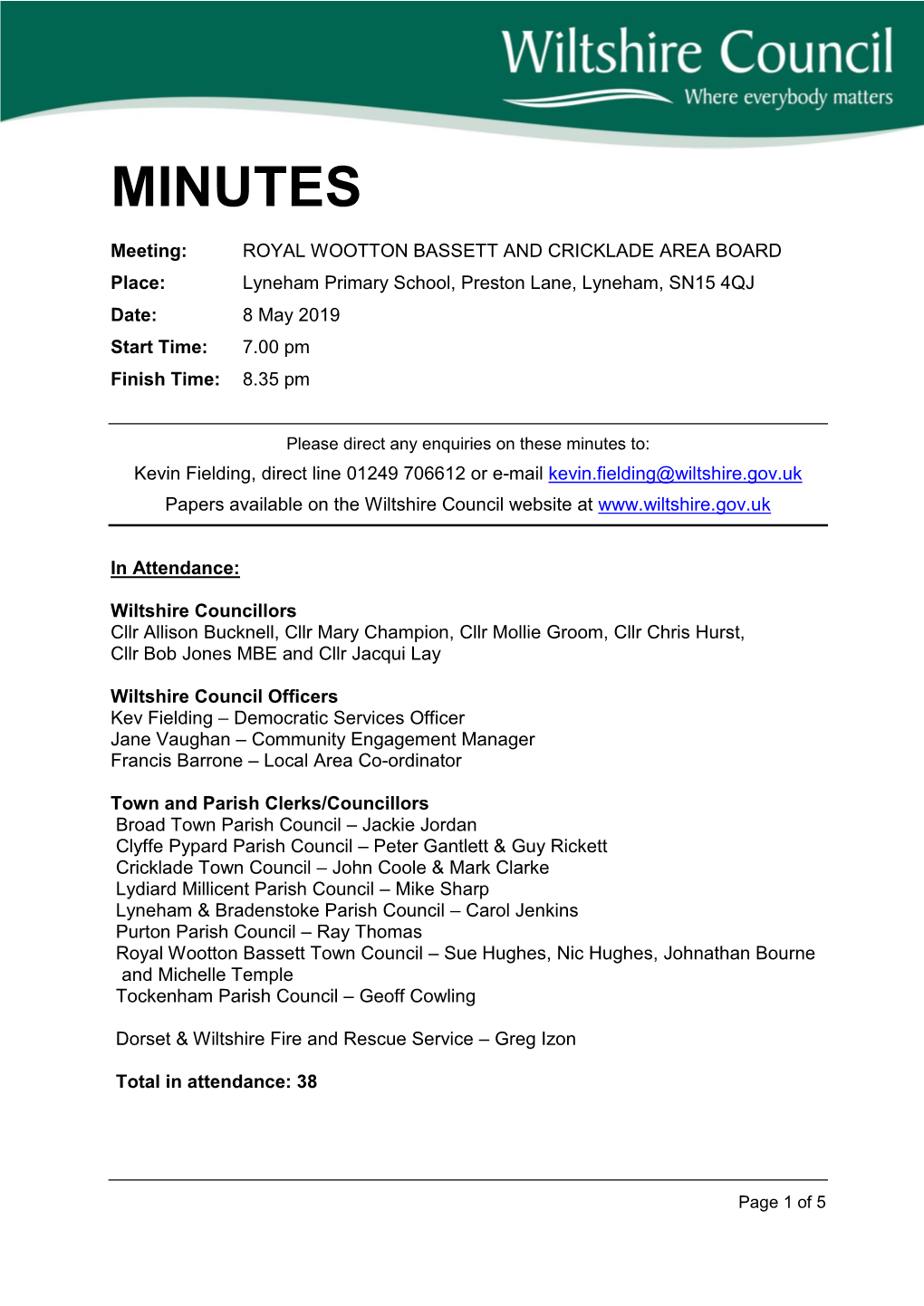 (Public Pack)Minutes Document for Royal Wootton Bassett and Cricklade Area Board, 08/05/2019 18:00