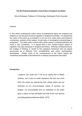 The Re-Professionalisation of the Police in England and Wales Simon